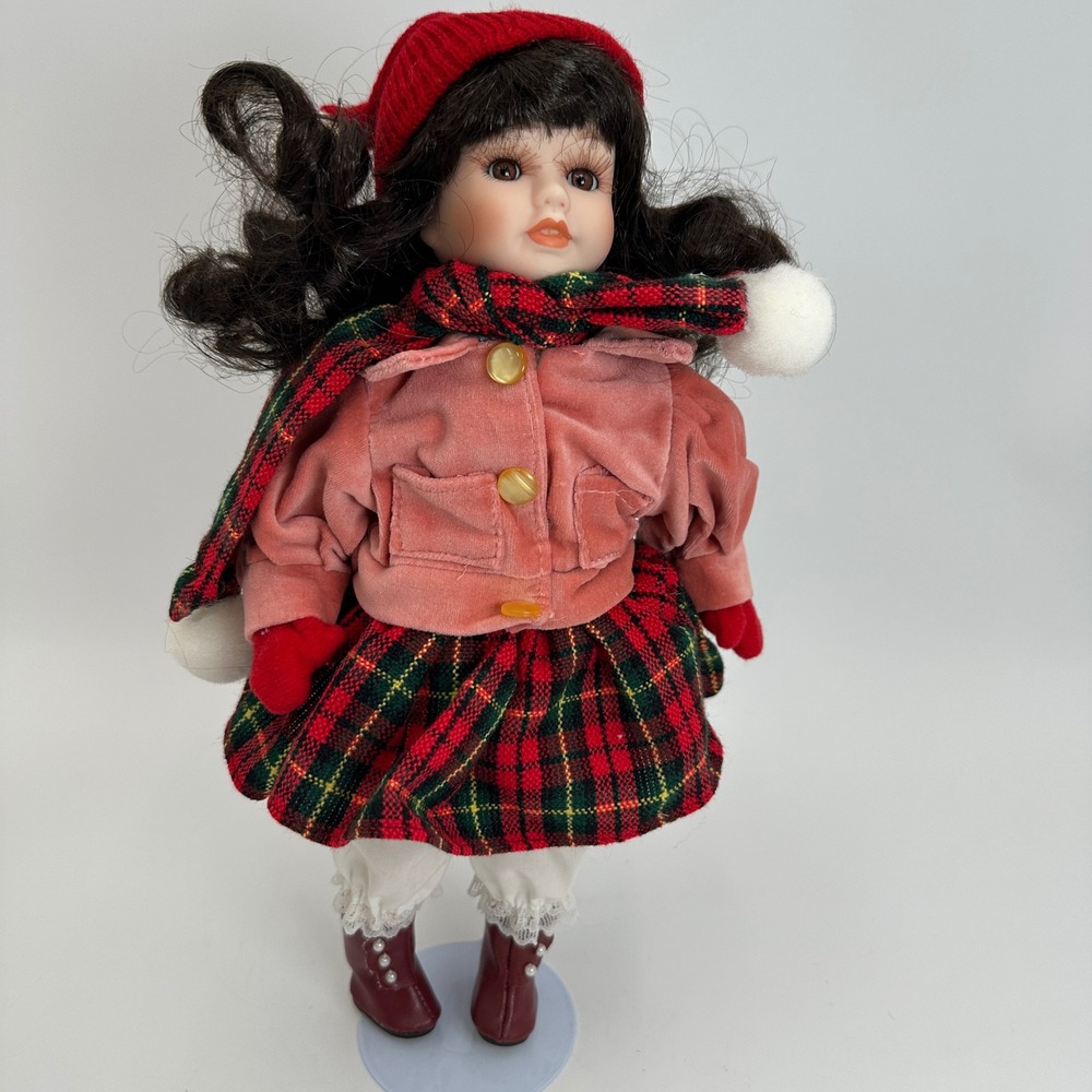 Show Stoppers Nora Porcelain Doll Girls 12in Pink Red Plaid Winter Christmas